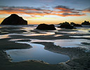 Sunset and Low tide with Sea Stacks along Bandon Beach, Oregon
